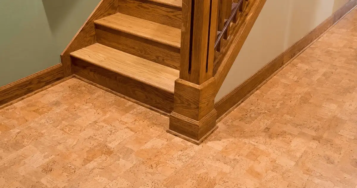End of a staircase with cork flooring in Wichita, KS