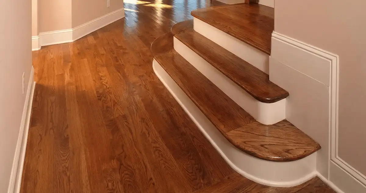 Base floor of a staircase with professionally restored wood flooring in Wichita KS
