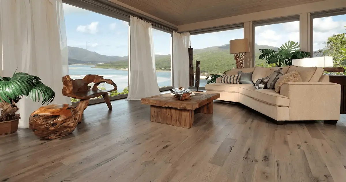 Professionally installed vinyl flooring in a modern living room with large windows in Wichita, KS